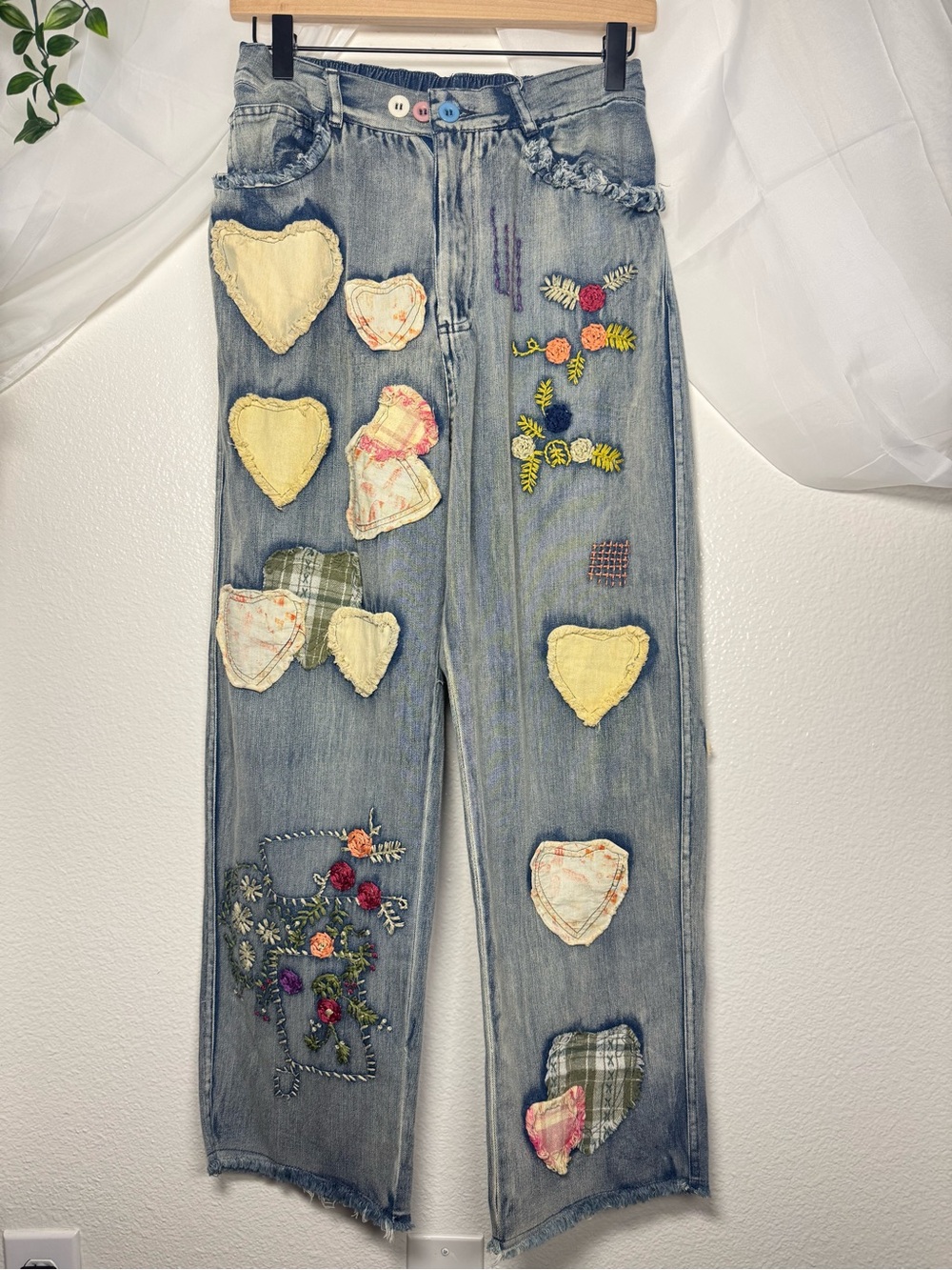 Grail Cottagecore Patchwork Heart and Embroidered Floral Denim Feminine Jeans